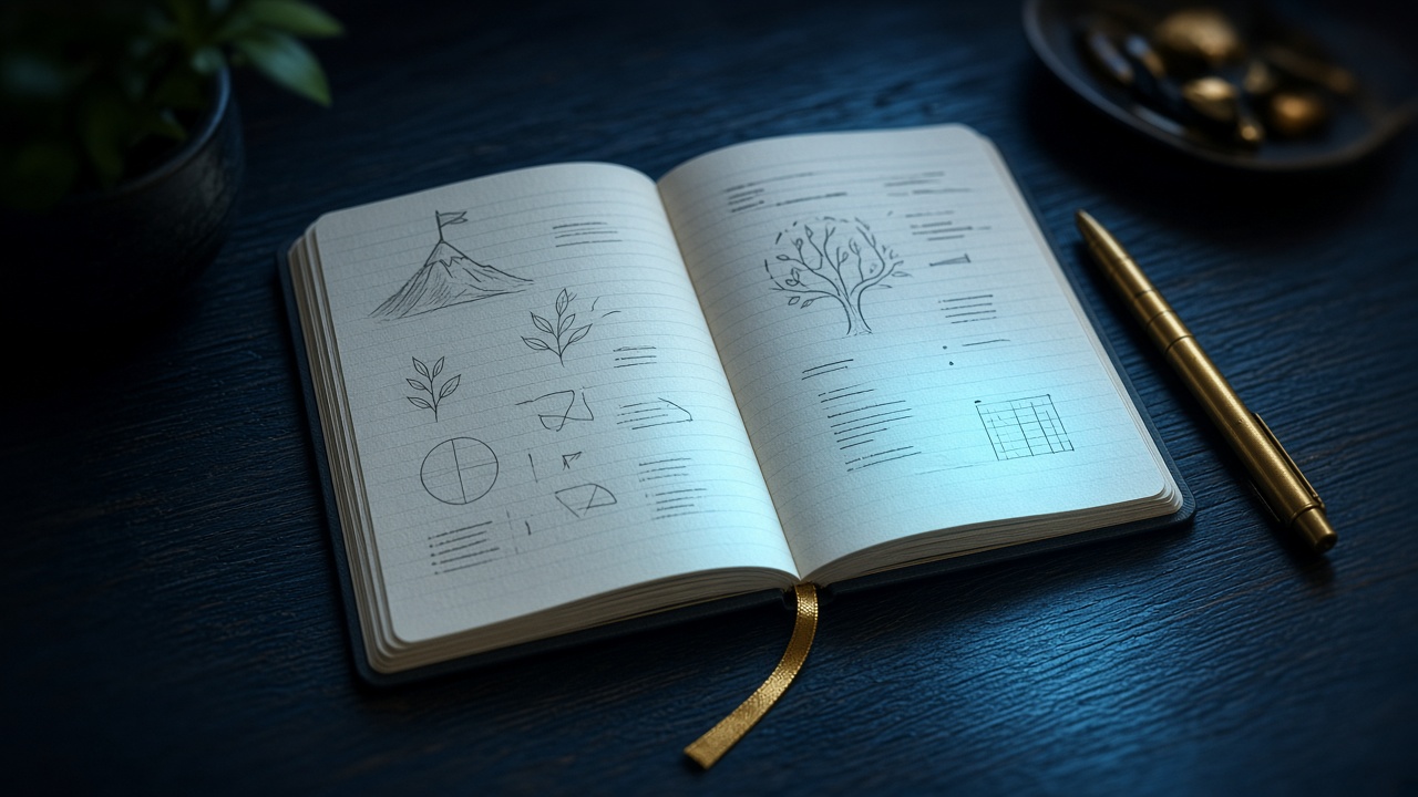 Cuaderno de estudio abierto junto a una taza de café